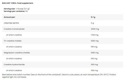 BAD ASS  BAD ASS Crea | 4 Advanced Forms of Creatine Matrix  [300 грама, 52 Дози]