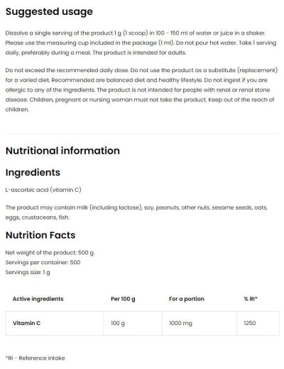 OstroVit  100% Vitamin C Powder  [500 грама, 500 Дози]