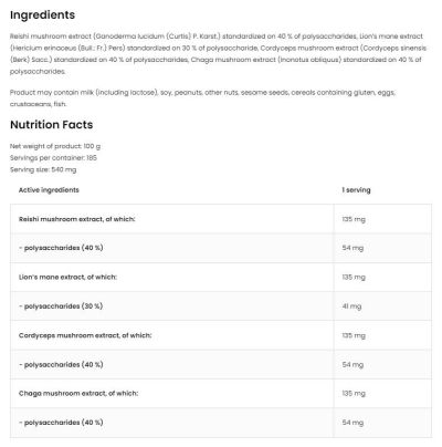 OstroVit  Quatro Mushroom Blend Powder | Lion's Mane ~ Reishi ~ Cordyceps ~ Chaga  [100 грама, 185 Дози]