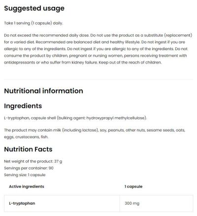 OstroVit  Tryptophan 300 mg / Vege  [90 капсули, 90 Дози]