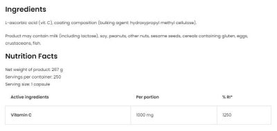 OstroVit  Vitamin C 1000 mg  [250 капсули, 250 Дози]